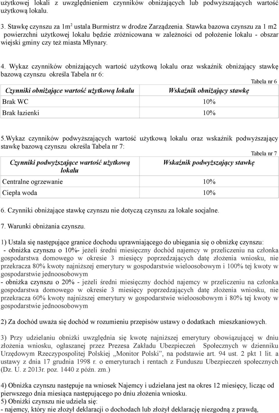 Wykaz czynników obniżających wartość użytkową lokalu oraz wskaźnik obniżający stawkę bazową czynszu określa Tabela nr 6: Tabela nr 6 Czynniki obniżające wartość użytkową lokalu Wskaźnik obniżający