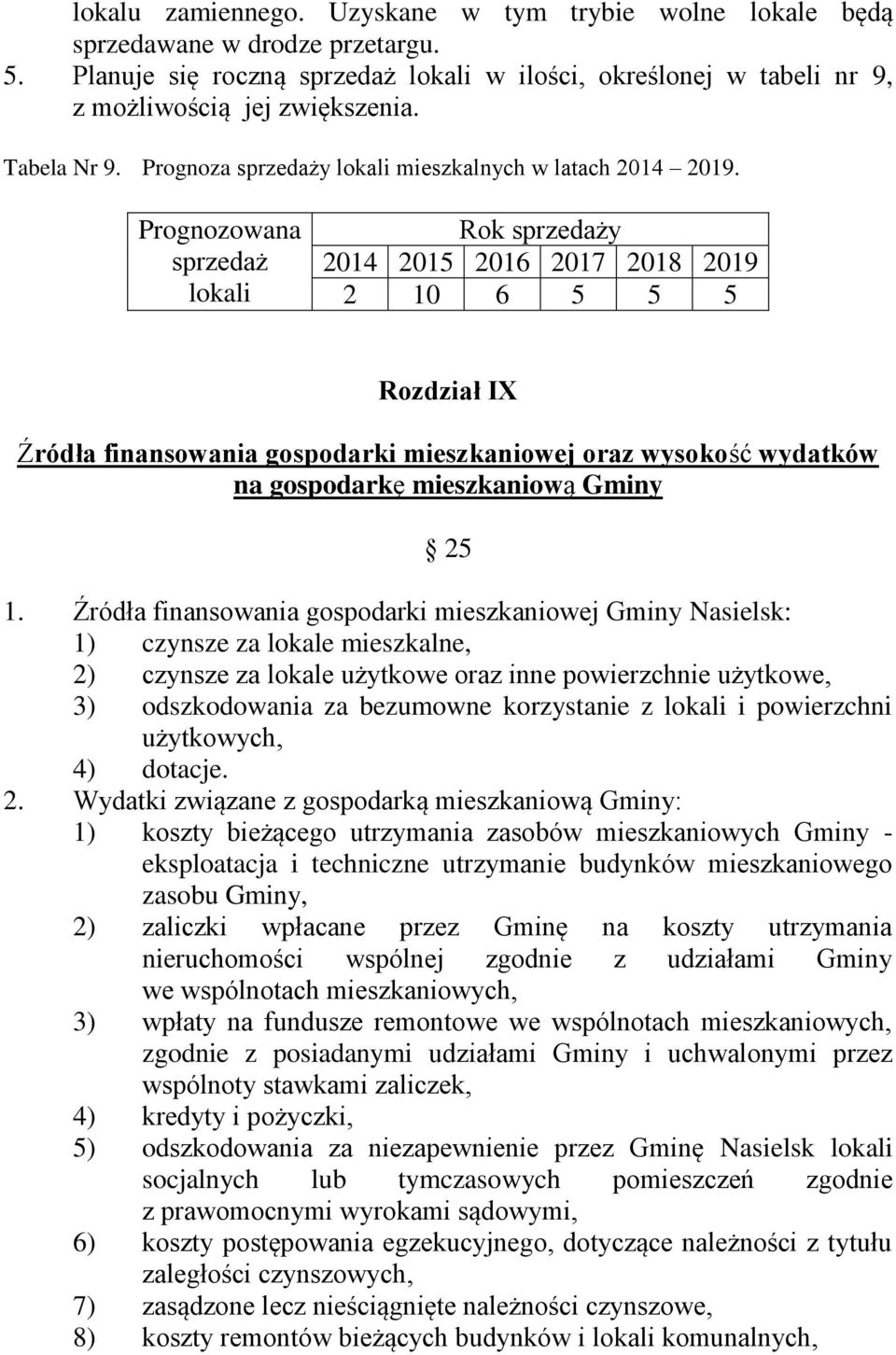 Prognozowana sprzedaż lokali Rok sprzedaży 2014 2015 2016 2017 2018 2019 2 10 6 5 5 5 Rozdział IX Źródła finansowania gospodarki mieszkaniowej oraz wysokość wydatków na gospodarkę mieszkaniową Gminy