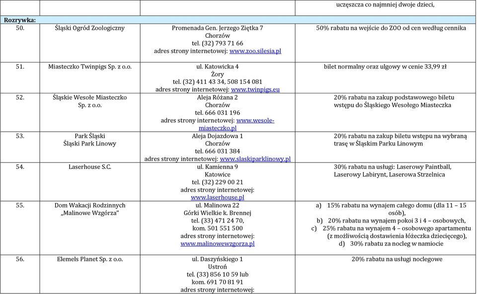wesolemiasteczko.pl Aleja Dojazdowa 1 Chorzów tel. 666 031 384 www.slaskiparklinowy.pl 54. Laserhouse S.C. ul. Kamienna 9 tel. (32) 229 00 21 www.laserhouse.pl 55.