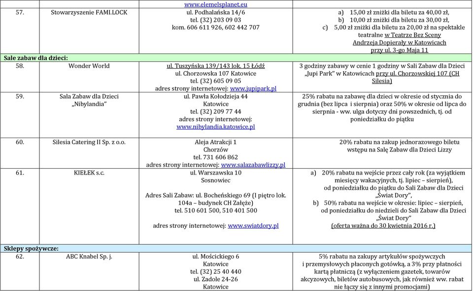 731 606 862 www.salazabawlizzy.pl 61. KIEŁEK s.c. ul. Warszawska 10 Sosnowiec Adres Sali Zabaw: ul. Bocheńskiego 69 (I piętro lok. 104a budynek CH Załęże) tel. 510 601 500, 510 401 500 www.swiatdory.
