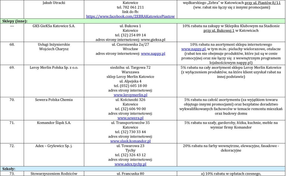 Sewera Polska Chemia ul. Kościuszki 326 tel. (32) 606 90 00 www.sewera.pl 71. Komandor Śląsk S.A. ul. Transportowców 35 tel. (32) 730 33 44 www.slask.komandor.pl 72. Adex Grylewicz Sp. j. ul. Towarowa 23 Tychy tel.