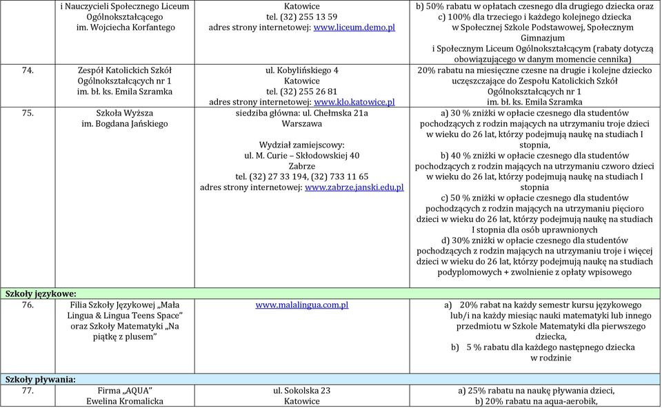 (32) 255 13 59 www.liceum.demo.pl ul. Kobylińskiego 4 tel. (32) 255 26 81 www.klo.katowice.pl siedziba główna: ul. Chełmska 21a Warszawa Wydział zamiejscowy: ul. M. Curie Skłodowskiej 40 Zabrze tel.
