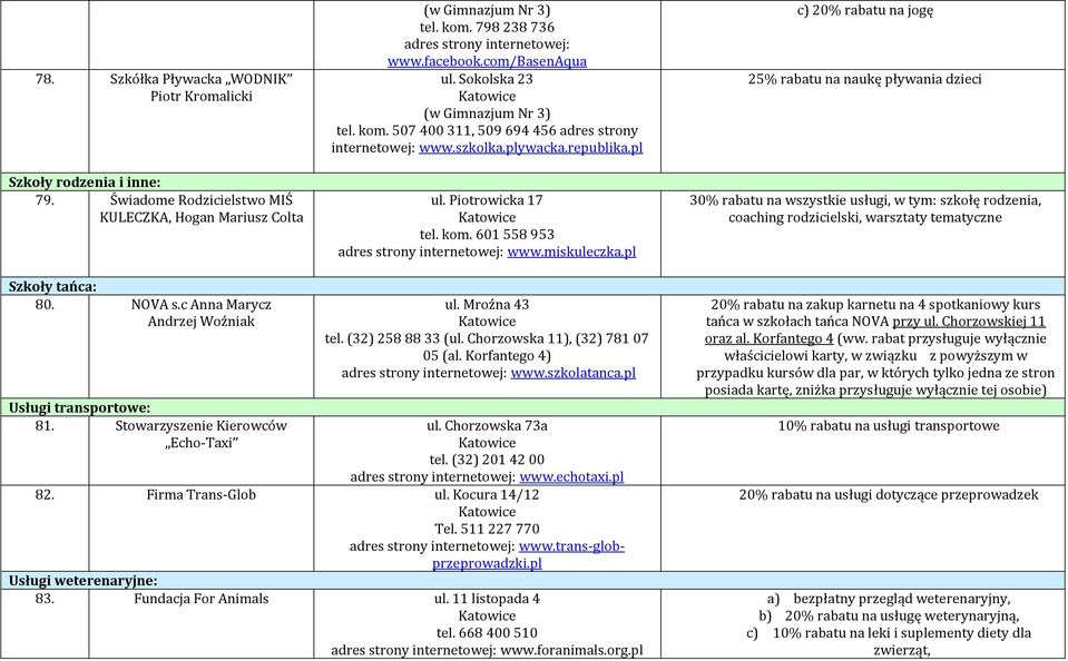 miskuleczka.pl c) 20% rabatu na jogę 25% rabatu na naukę pływania dzieci 30% rabatu na wszystkie usługi, w tym: szkołę rodzenia, coaching rodzicielski, warsztaty tematyczne Szkoły tańca: 80. NOVA s.