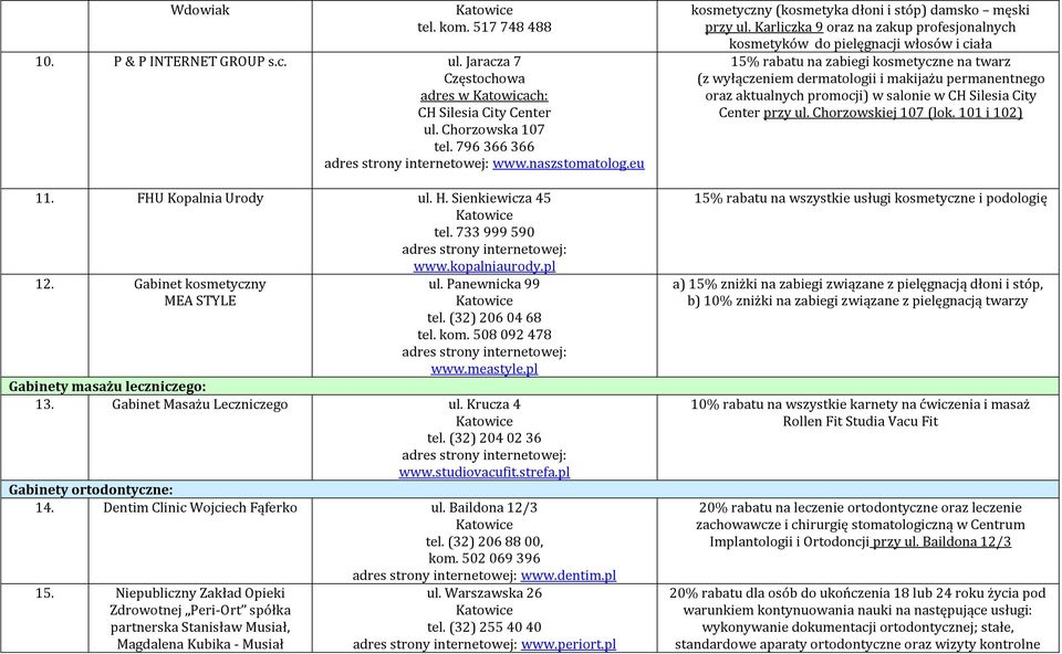 pl Gabinety masażu leczniczego: 13. Gabinet Masażu Leczniczego ul. Krucza 4 tel. (32) 204 02 36 www.studiovacufit.strefa.pl Gabinety ortodontyczne: 14. Dentim Clinic Wojciech Fąferko ul.