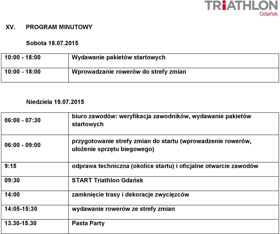 2015 06:00-07:30 06:00-09:00 biuro zawodów: weryfikacja zawodników, wydawanie pakietów startowych przygotowanie strefy zmian do startu