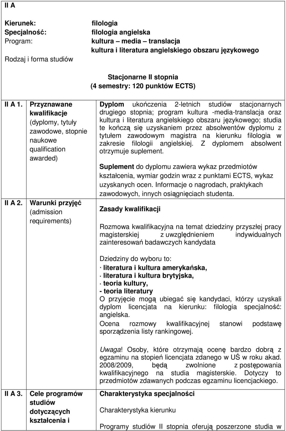 Przyznawane kwalifikacje (dyplomy, tytuły zawodowe, stopnie naukowe qualification awarded) Warunki przyjęć (admission requirements) Dyplom ukończenia 2-letnich studiów stacjonarnych drugiego stopnia;