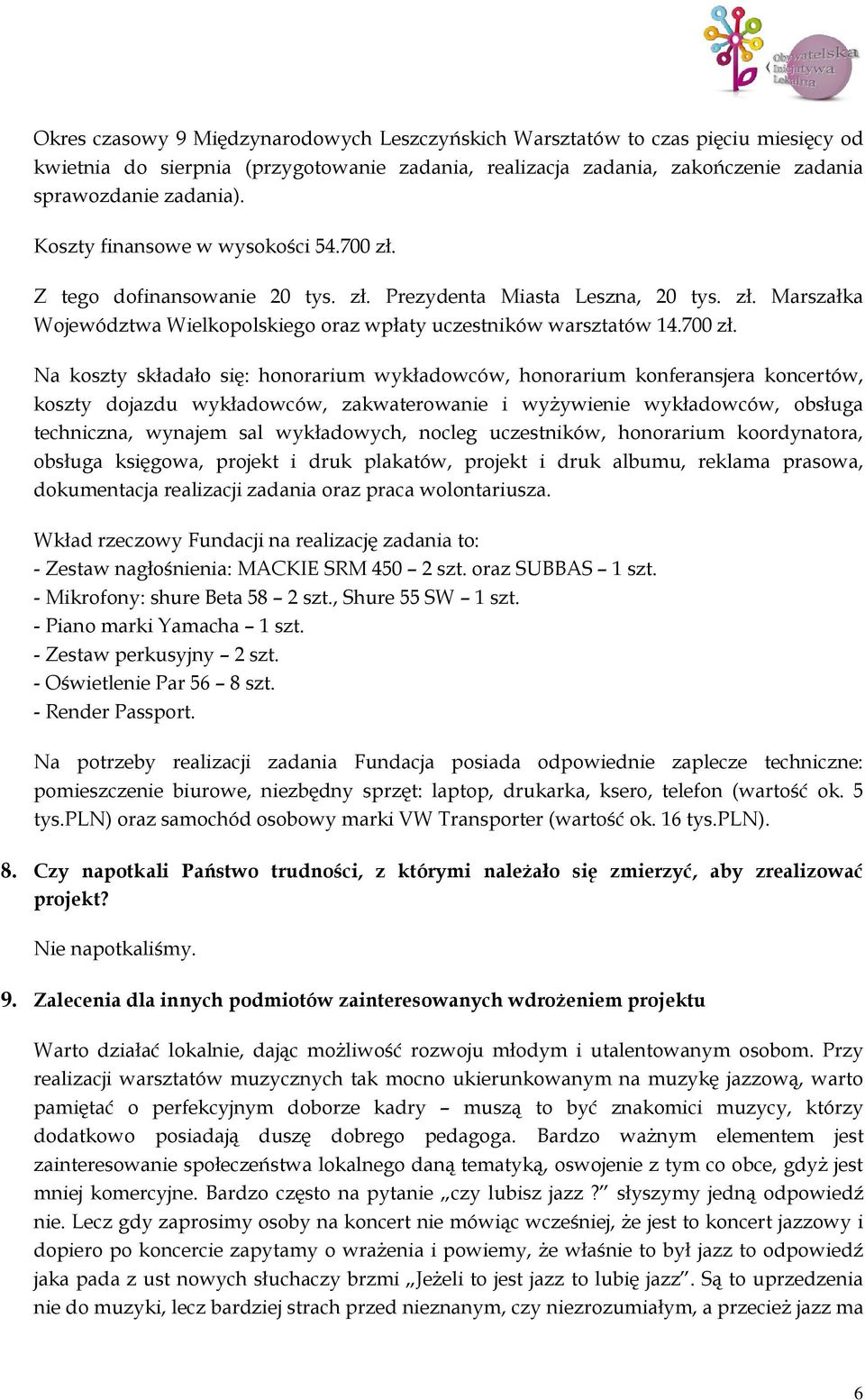 Z tego dofinansowanie 20 tys. zł. Prezydenta Miasta Leszna, 20 tys. zł. Marszałka Województwa Wielkopolskiego oraz wpłaty uczestników warsztatów 14.700 zł.