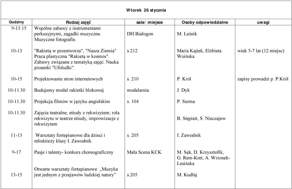 212 Maria Kajtek, Elżbieta Woińska wiek 5-7 lat (12 miejsc) Projektowanie stron internetowych s. 210 P. Król zapisy prowadzi p. P.Król Budujemy model rakietki blokowej modelarnia J.