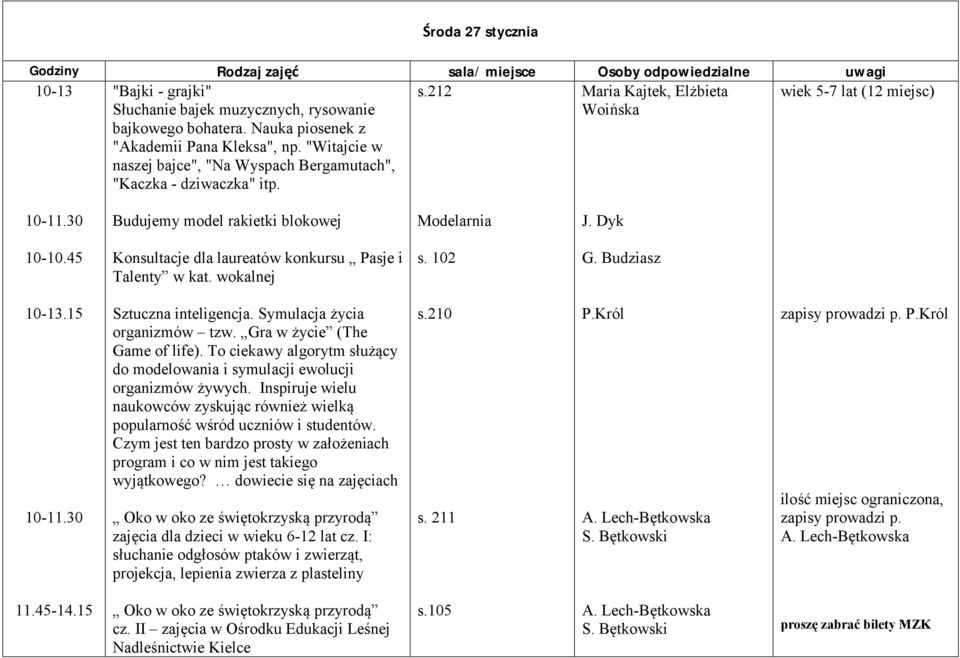 45 Konsultacje dla laureatów konkursu Pasje i Talenty w kat. wokalnej s. 102 G. Budziasz 10-13.15 Sztuczna inteligencja. Symulacja życia organizmów tzw. Gra w życie (The Game of life).