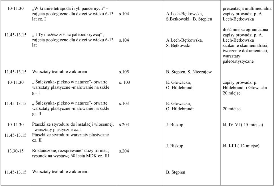 105 B. Stępień, S. Nieczajew Śnieżynka- piękno w naturze - otwarte warsztaty plastyczne -malowanie na szkle gr. I s. 103 E. Głowacka, O. Hildebrandt zapisy prowadzi p.