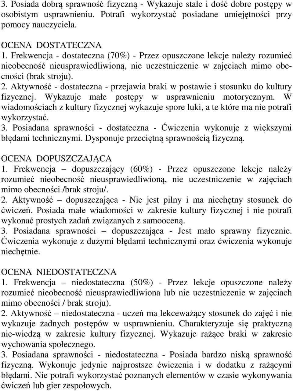 Aktywność - dostateczna - przejawia braki w postawie i stosunku do kultury fizycznej. Wykazuje małe postępy w usprawnieniu motorycznym.