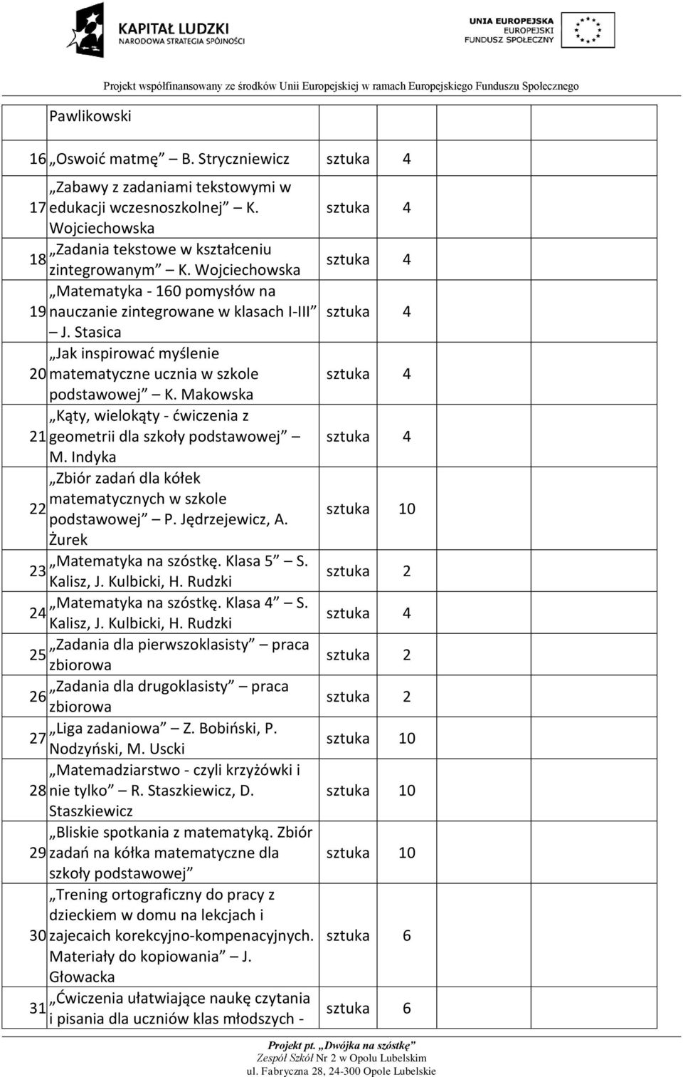 Stasica Jak inspirowad myślenie 20. matematyczne ucznia w szkole podstawowej K. Makowska Kąty, wielokąty - dwiczenia z 21. geometrii dla szkoły podstawowej M.