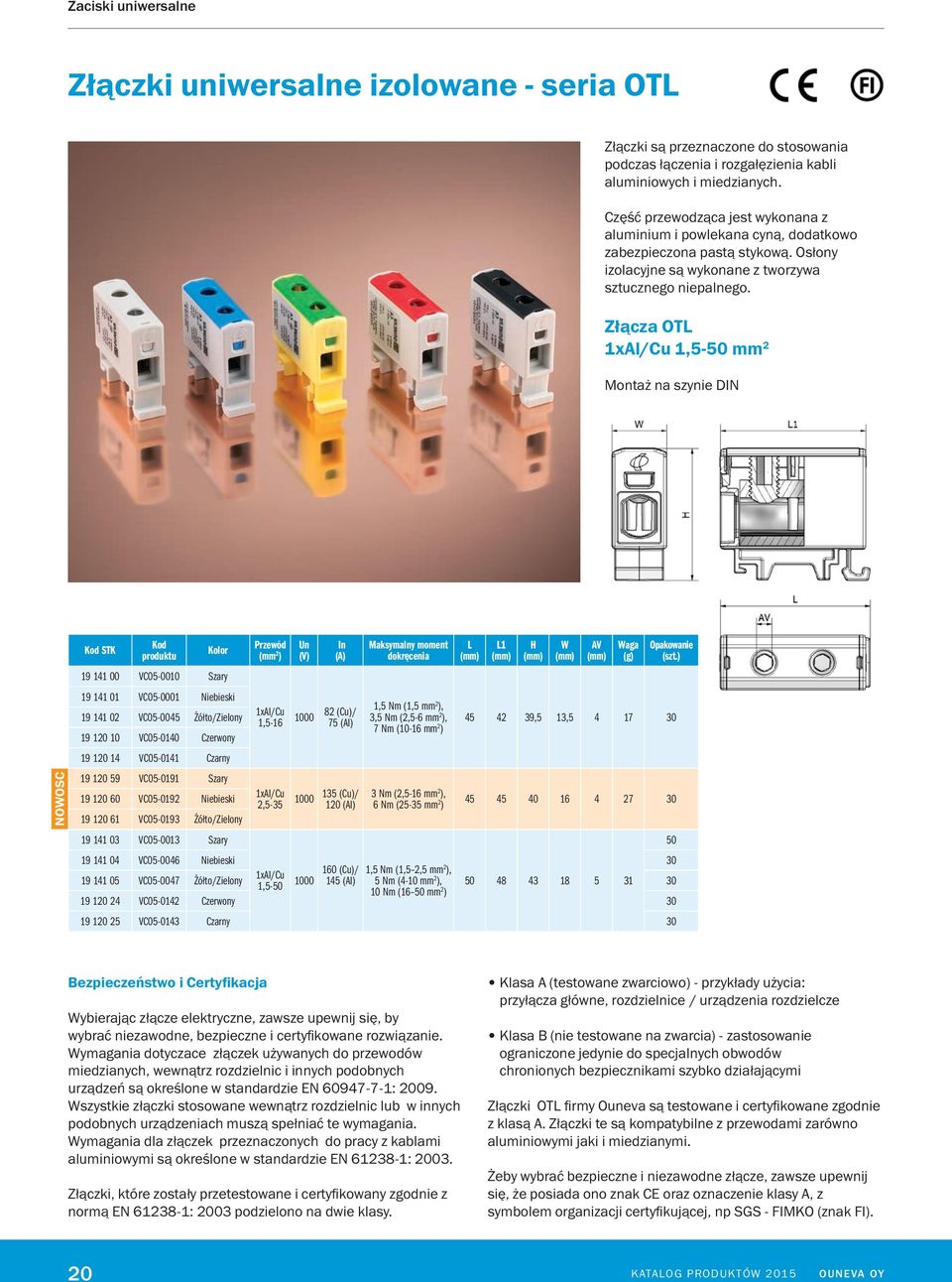 Złącza OT 1xAl/Cu 1,5-50 mm 2 Montaż na szynie DIN NOWOSC STK Kolor 19 141 00 VC05-0010 Szary 19 141 01 VC05-0001 Niebieski 19 141 02 VC05-0045 Żółto/Zielony 19 120 10 VC05-0140 Czerwony 19 120 14