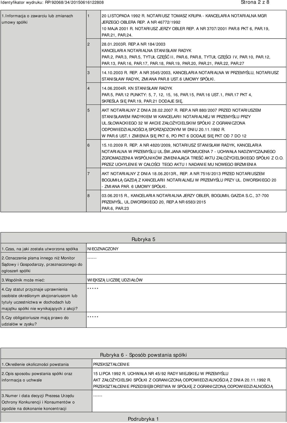 10, PAR.12, PAR.13, PAR.16, PAR.17, PAR.18, PAR.19, PAR.20, PAR.21, PAR.22, PAR.27 3 14.10.2003 R. REP. A NR 3545/2003, KANCELARIA NOTARIALNA W PRZEMYŚLU, NOTARIUSZ STANISŁAW RADYK, ZMIANA PAR.8 UST.