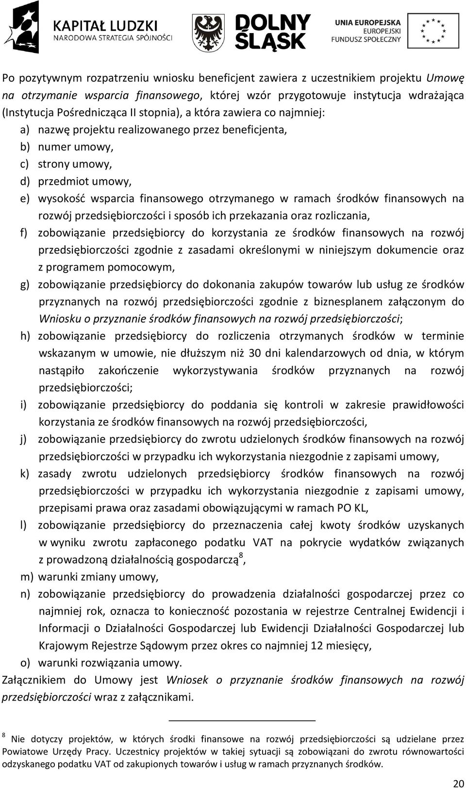 środków finansowych na rozwój przedsiębiorczości i sposób ich przekazania oraz rozliczania, f) zobowiązanie przedsiębiorcy do korzystania ze środków finansowych na rozwój przedsiębiorczości zgodnie z