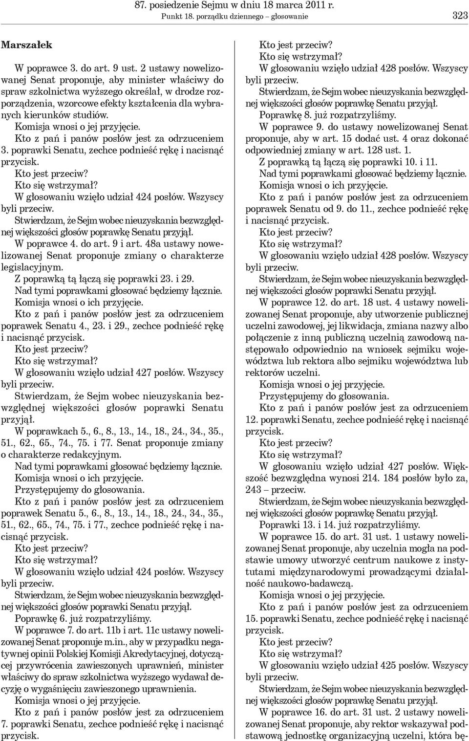 Komisja wnosi o jej przyjęcie. 3. poprawki Senatu, zechce podnieść rękę i nacisnąć W głosowaniu wzięło udział 424 posłów. Wszyscy byli przeciw. W poprawce 4. do art. 9 i art.