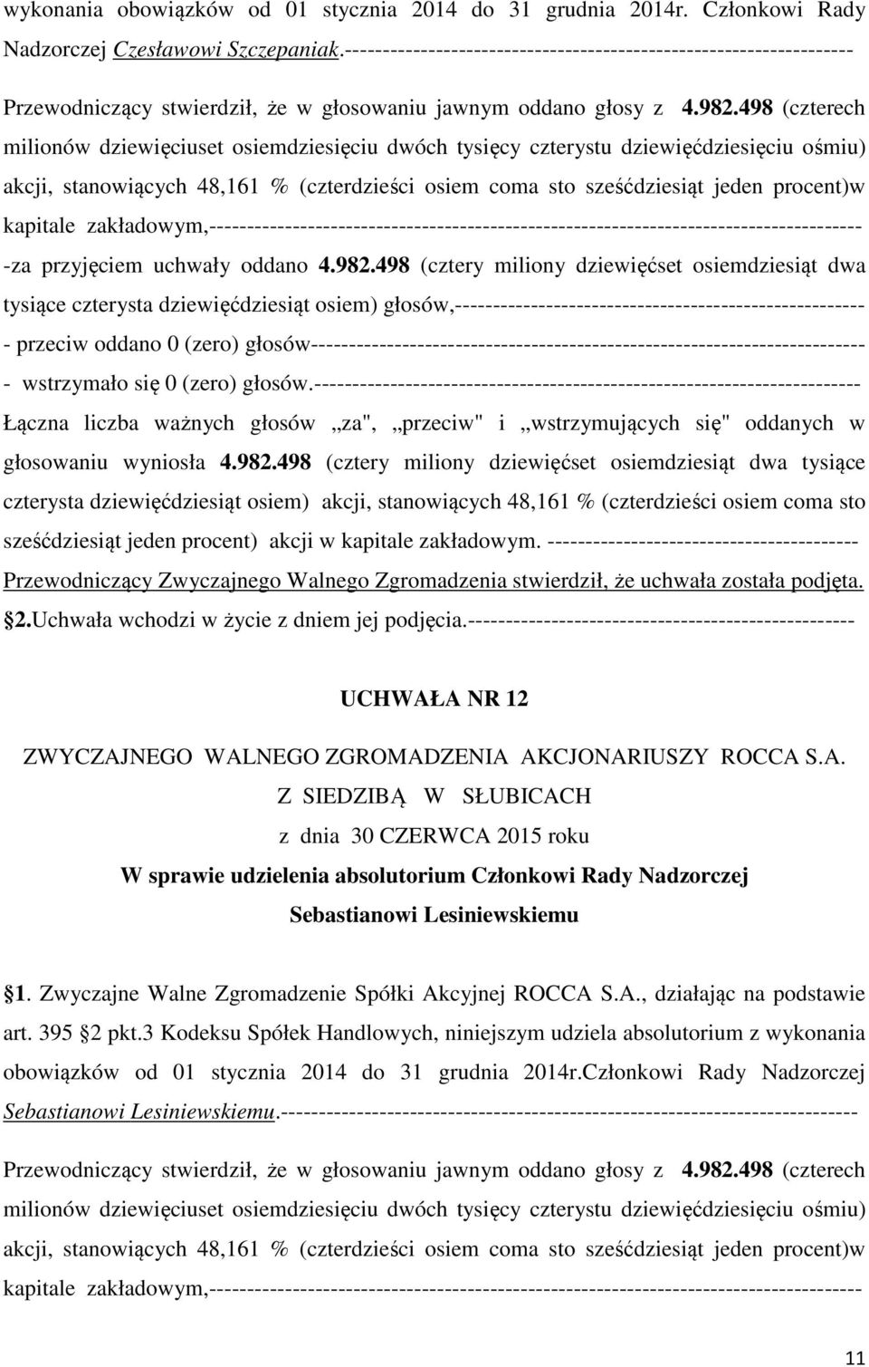 --------------------------------------------------- UCHWAŁA NR 12 W sprawie udzielenia absolutorium Członkowi Rady Nadzorczej Sebastianowi Lesiniewskiemu art.