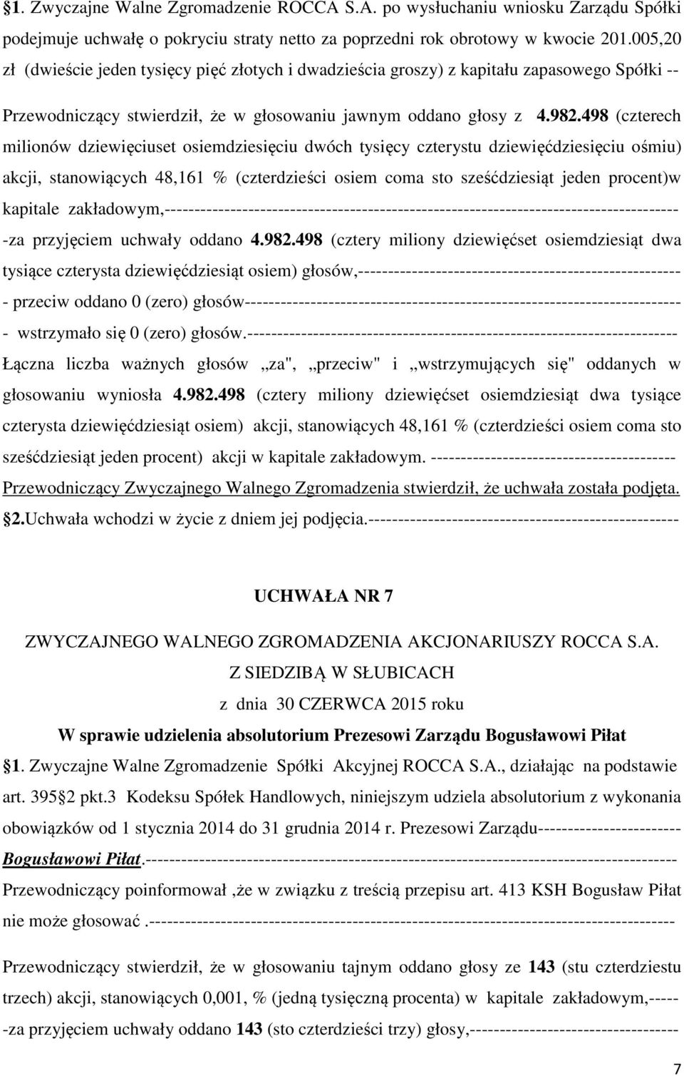 3 Kodeksu Spółek Handlowych, niniejszym udziela absolutorium z wykonania obowiązków od 1 stycznia 2014 do 31 grudnia 2014 r. Prezesowi Zarządu------------------------ Bogusławowi Piłat.