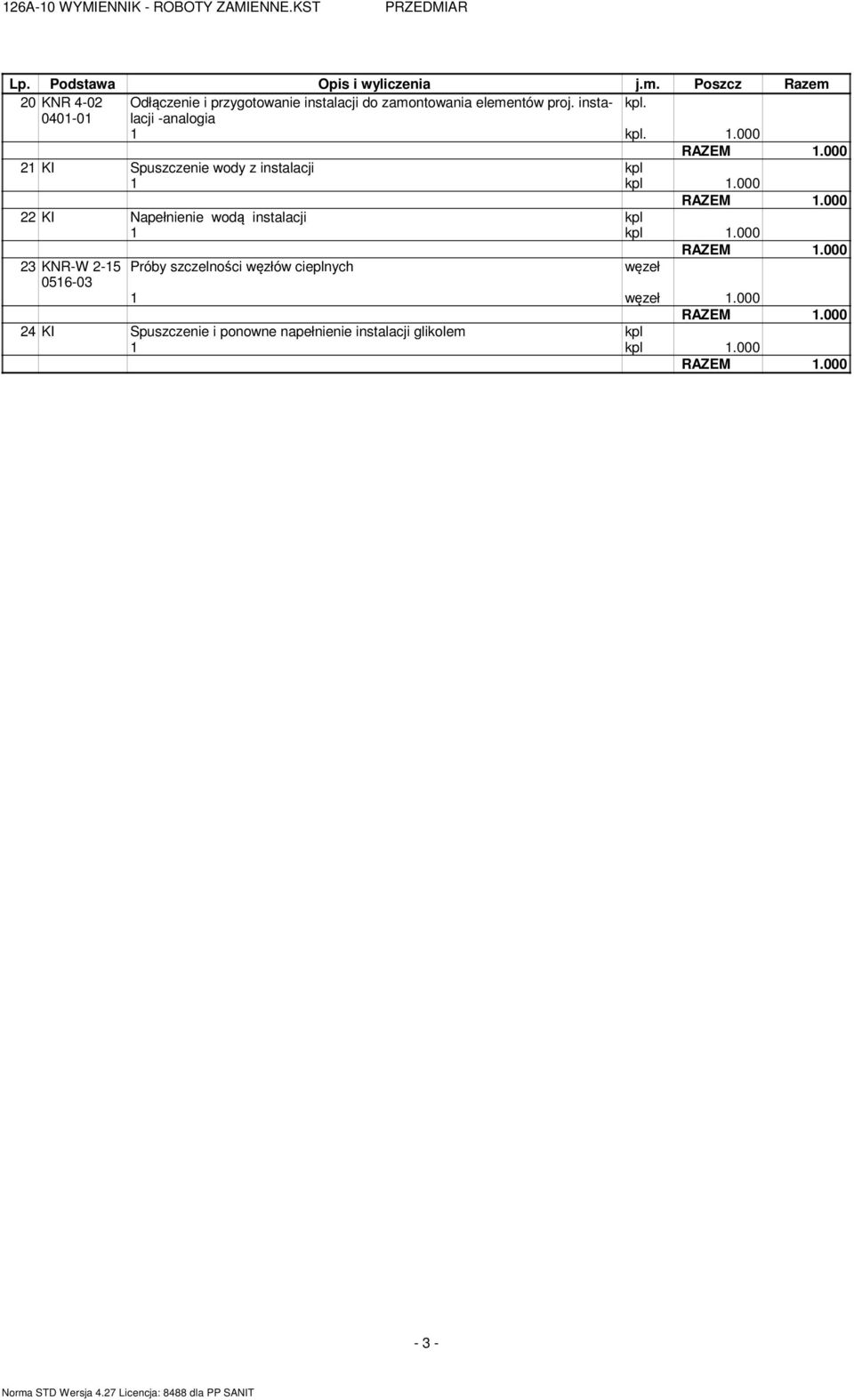 0401-01 -analogia 1 kpl. 1.000 21 KI Spuszczenie wody z instalacji kpl 1 kpl 1.000 22 KI Napełnienie wodą instalacji kpl 1 kpl 1.