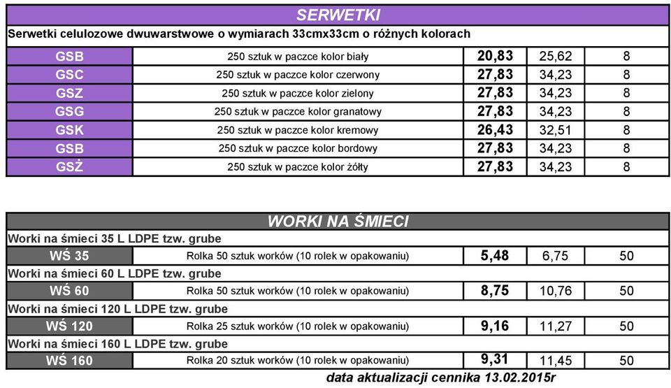 sztuk w paczce kolor żółty 2,83 34,23 8 WORKI NA ŚMIECI Worki na śmieci 35 L LDPE tzw. grube WŚ 35 Rolka 50 sztuk worków ( rolek w opakowaniu) 5,48 6,5 50 Worki na śmieci 60 L LDPE tzw.