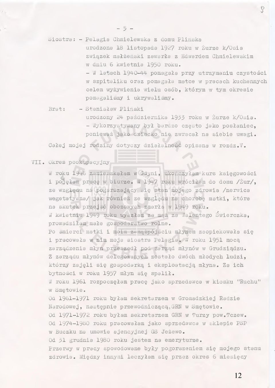 Brat: - Stanisław Pliński urodzony 24 października 1933 roku w Żurze k/osia. - Wykorzystywany był bardzo często jako posłaniec, ponieważ jako dziecko nie zwracał na siebie uwagi.