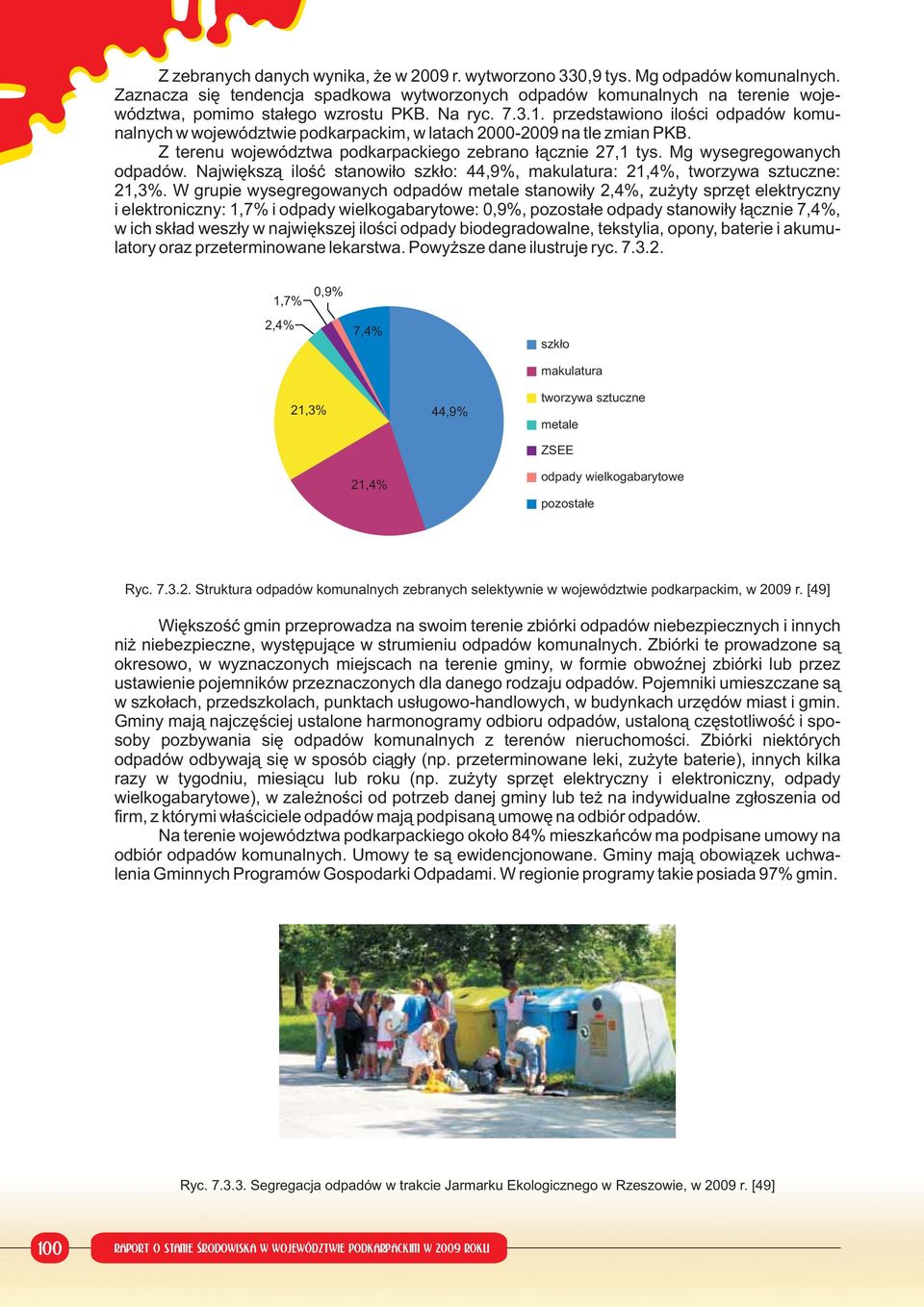 przedstawiono ilości odpadów komunalnych w województwie podkarpackim, w latach 2000-2009 na tle zmian PKB. Z terenu województwa podkarpackiego zebrano łącznie 27,1 tys. Mg wysegregowanych odpadów.