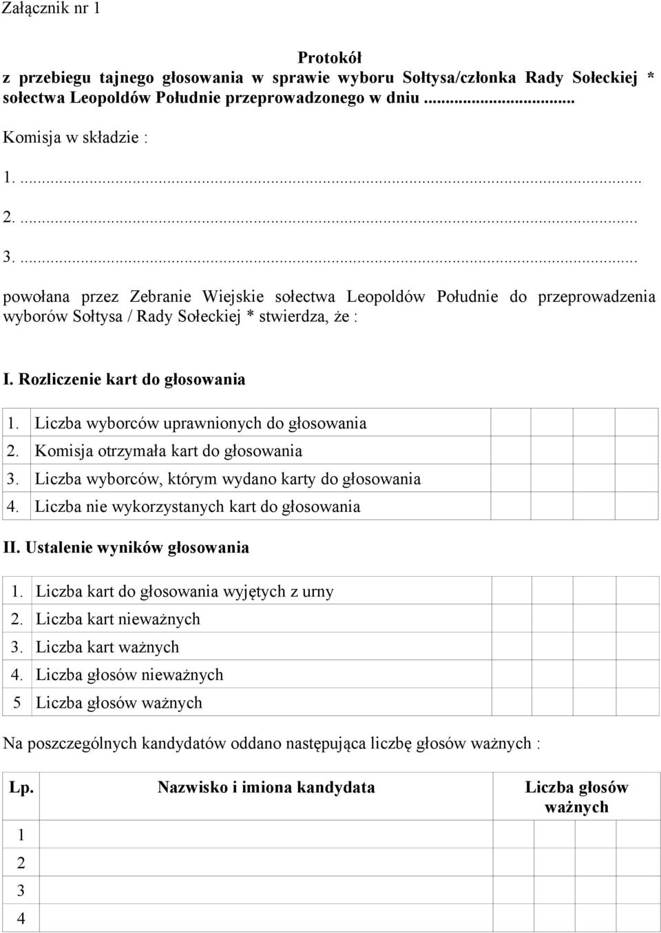 Liczba wyborców uprawnionych do głosowania 2. Komisja otrzymała kart do głosowania 3. Liczba wyborców, którym wydano karty do głosowania 4. Liczba nie wykorzystanych kart do głosowania II.