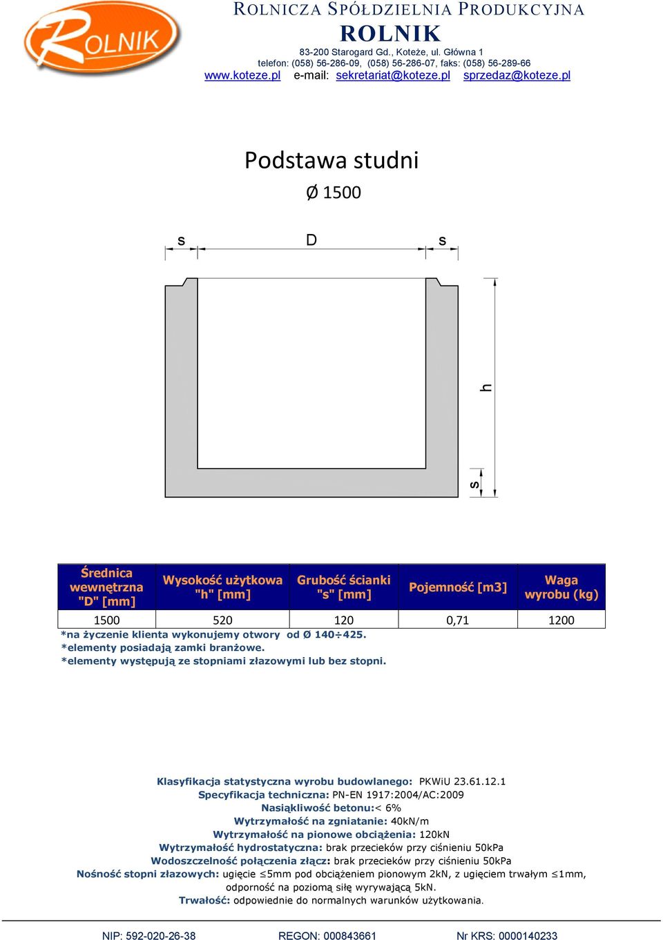 1 Specyfikacja tecniczna: PN-EN 1917:2004/AC:2009 Naiąkliwość betonu:< 6% Wytrzymałość ydrotatyczna: brak przecieków przy ciśnieniu 50kPa Wodozczelność połączenia złącz: brak