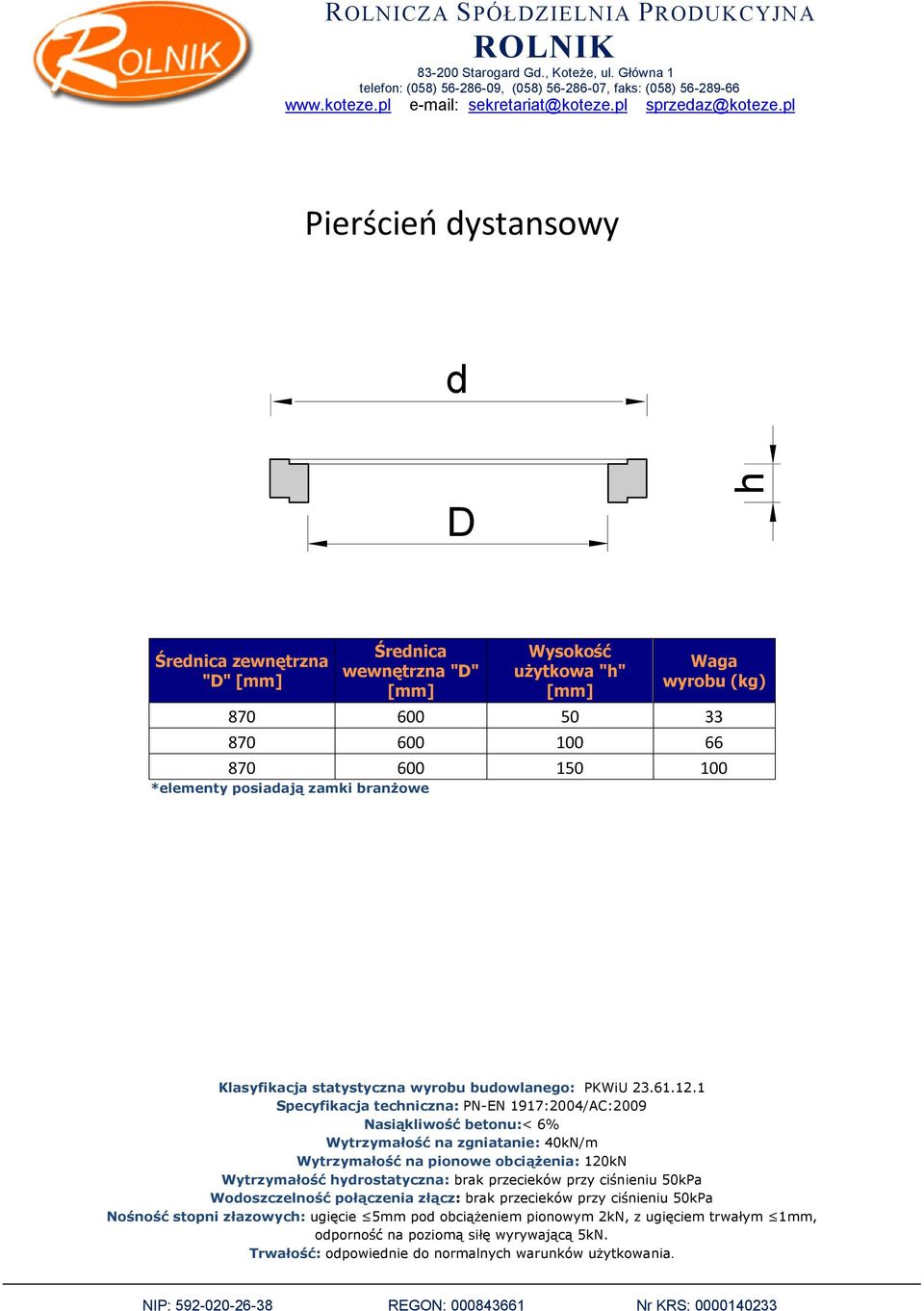 1 Specyfikacja tecniczna: PN-EN 1917:2004/AC:2009 Naiąkliwość betonu:< 6% Wytrzymałość ydrotatyczna: brak przecieków przy ciśnieniu 50kPa Wodozczelność