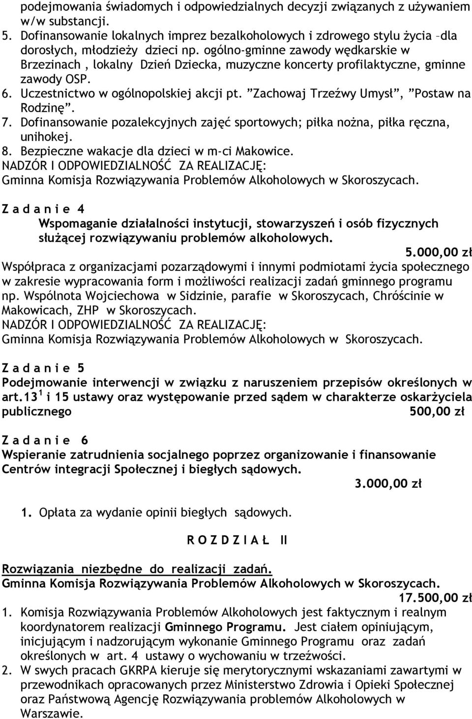 Zachowaj Trzeźwy Umysł, Postaw na Rodzinę. 7. Dofinansowanie pozalekcyjnych zajęć sportowych; piłka nożna, piłka ręczna, unihokej. 8. Bezpieczne wakacje dla dzieci w m-ci Makowice.