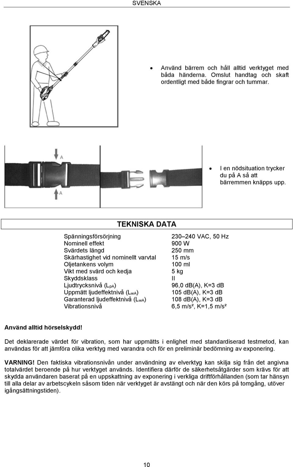 ljudeffektnivå (LwA) Garanterad ljudeffektnivå (LwA) Vibrationsnivå 230 240 VAC, 50 Hz 900 W 250 mm 15 m/s 100 ml 5 kg II 96,0 db(a), K=3 db 105 db(a), K=3 db 108 db(a), K=3 db 6,5 m/s², K=1,5 m/s²