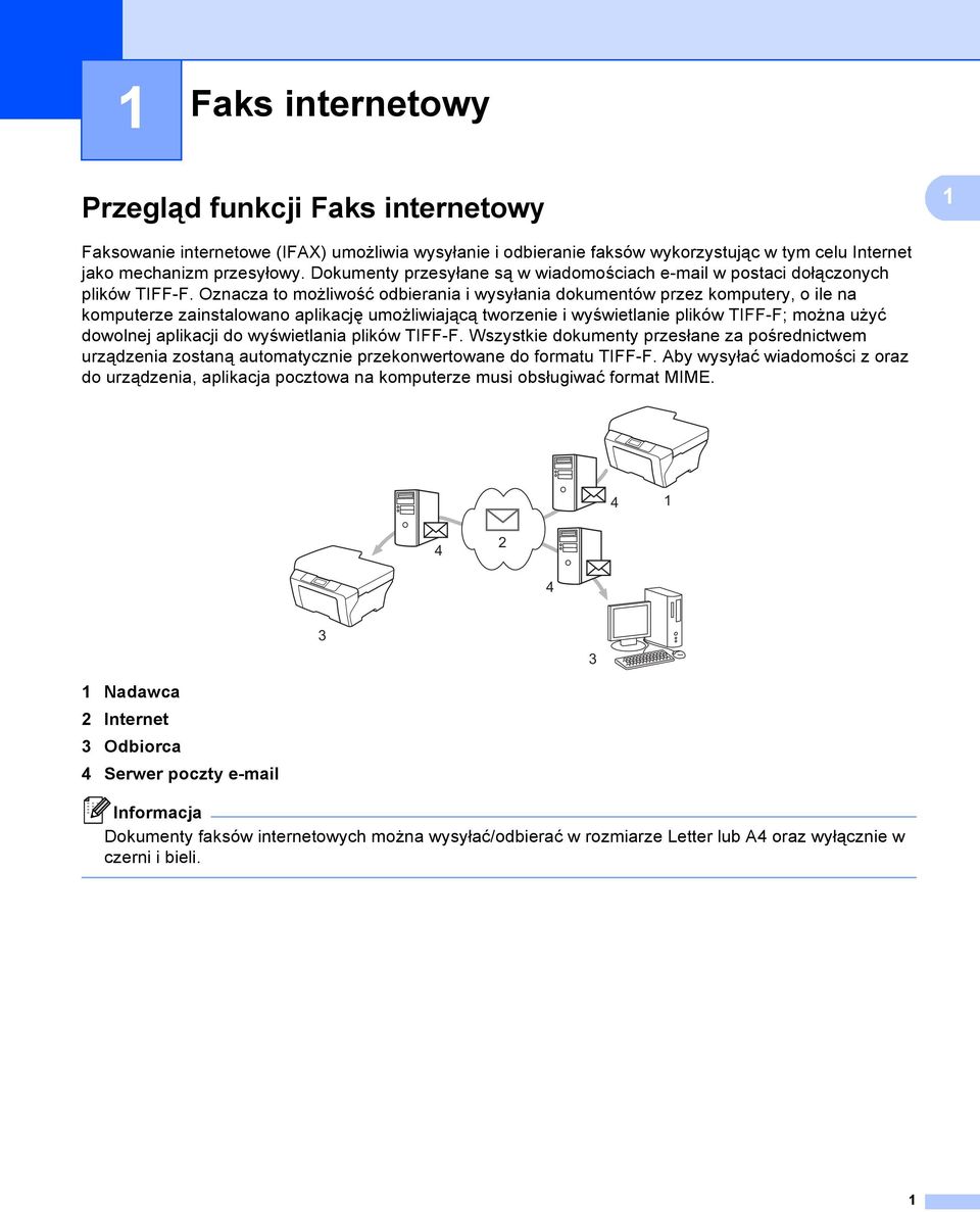 Oznacza to możliwość odbierania i wysyłania dokumentów przez komputery, o ile na komputerze zainstalowano aplikację umożliwiającą tworzenie i wyświetlanie plików TIFF-F; można użyć dowolnej aplikacji