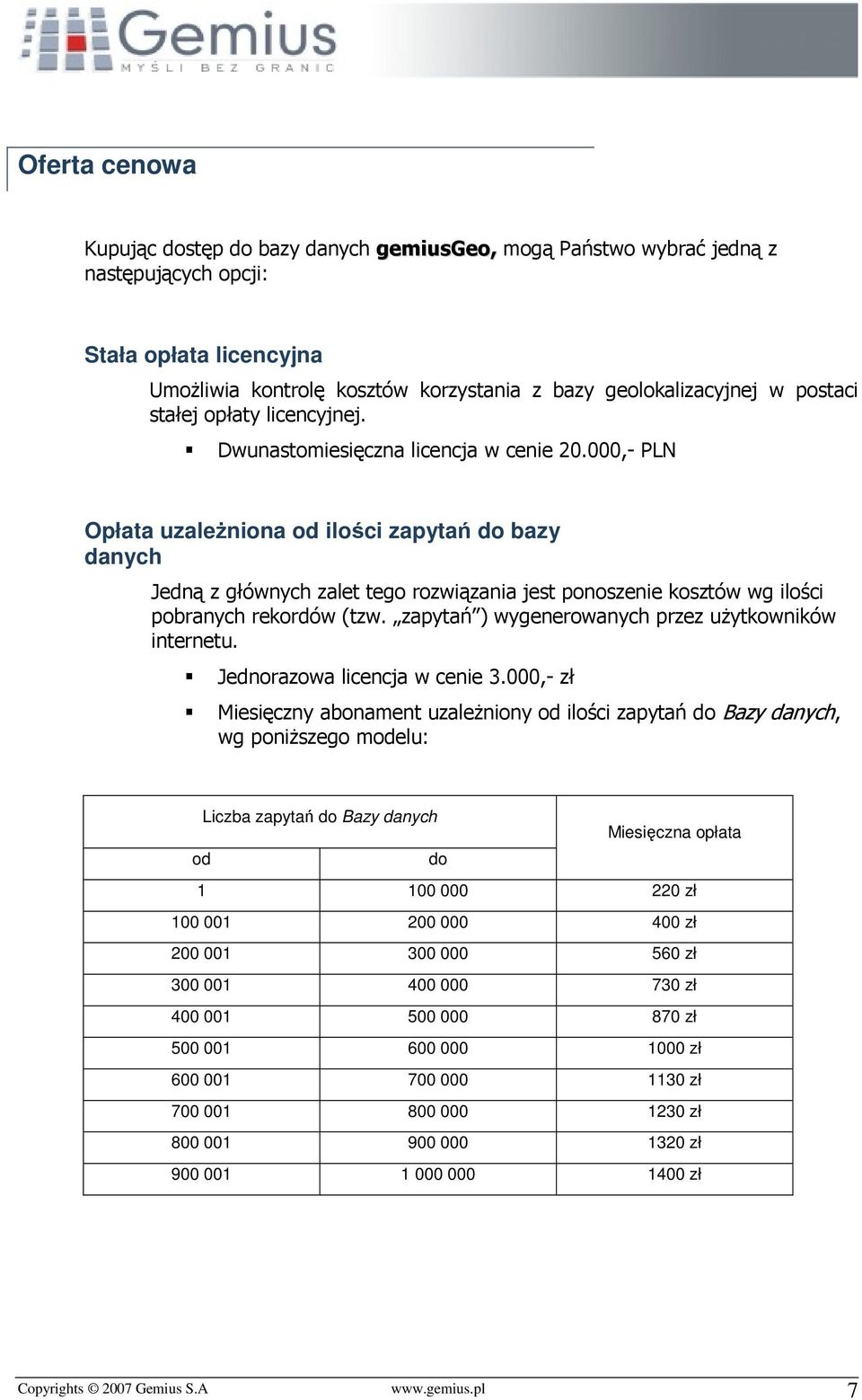 000,- PLN Opłata uzależniona od ilości zapytań do bazy danych Jedną z głównych zalet tego rozwiązania jest ponoszenie kosztów wg ilości pobranych rekordów (tzw.