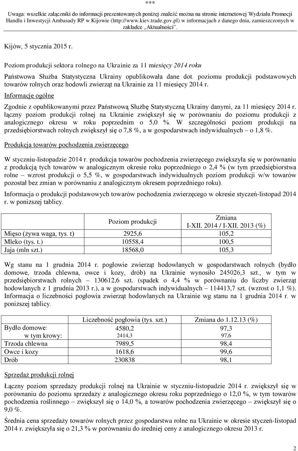 Poziom produkcji sektora rolnego na Ukrainie za 11 miesięcy 2014 roku Państwowa Służba Statystyczna Ukrainy opublikowała dane dot.