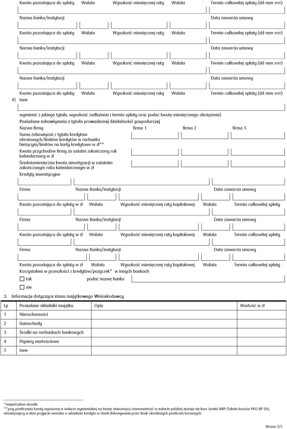 kalendarzowy w zł Średniomiesięczna kwota amortyzacji w ostatnim zakończonym roku kalendarzowym w zł Kredyty inwestycyjne Firma Nazwa Banku/instytucji Firma Nazwa Banku/instytucji Firma Nazwa