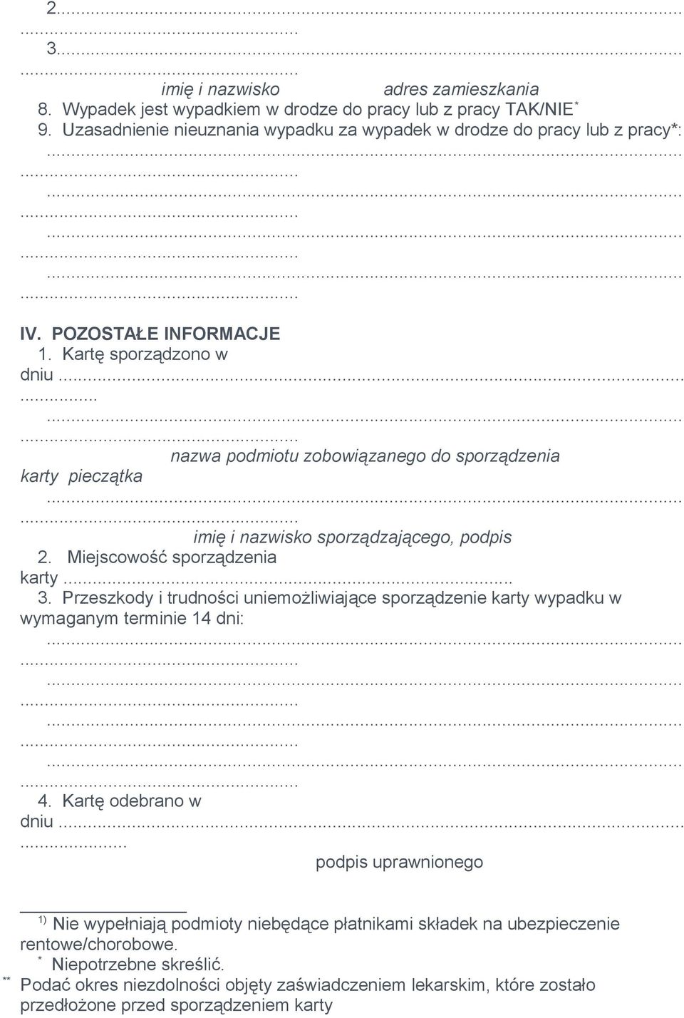 Przeszkody i trudności uniemożliwiające sporządzenie karty wypadku w wymaganym terminie 14 dni:............ 4. Kartę odebrano w dniu.