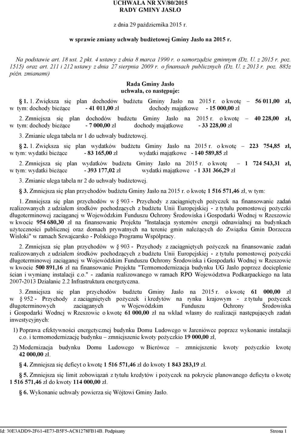 zmianami) Rada Gminy Jasło uchwala, co następuje: 1. 1. Zwiększa się plan dochodów budżetu Gminy Jasło na 2015 r.