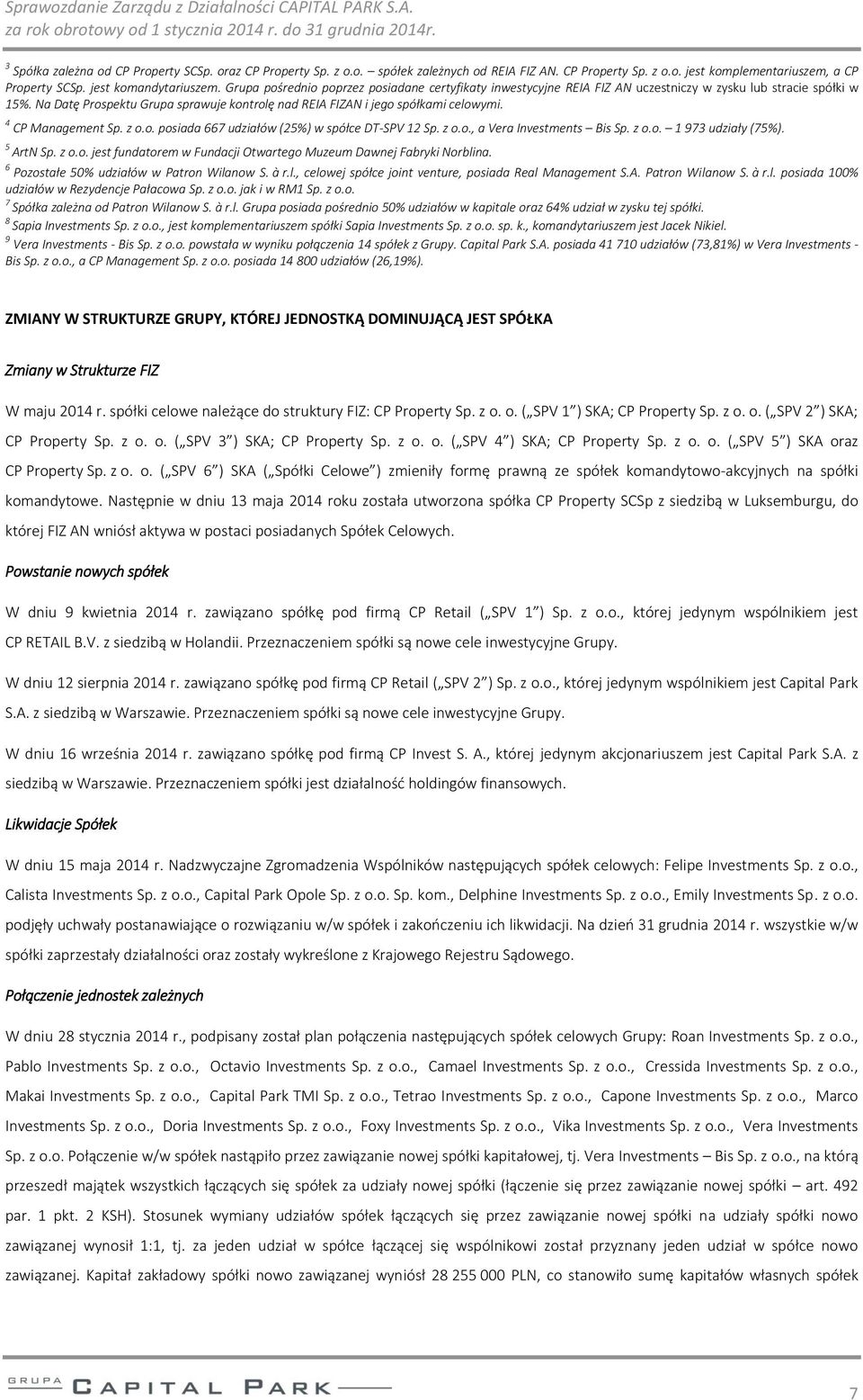 4 CP Management Sp. z o.o. posiada 667 udziałów (25%) w spółce DT-SPV 12 Sp. z o.o., a Vera Investments Bis Sp. z o.o. 1 973 udziały (75%). 5 ArtN Sp. z o.o. jest fundatorem w Fundacji Otwartego Muzeum Dawnej Fabryki Norblina.