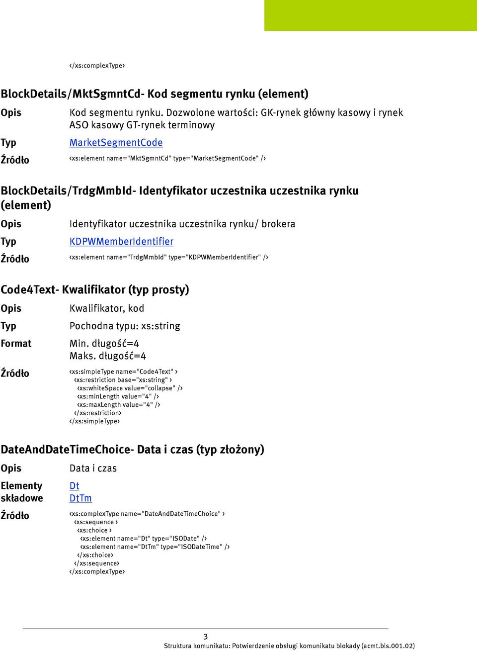 uczestnika uczestnika rynku (element) Identyfikator uczestnika uczestnika rynku/ brokera KDPWMemberIdentifier <xs:element name="trdgmmbid" type="kdpwmemberidentifier" /> Code4Text- Kwalifikator (typ