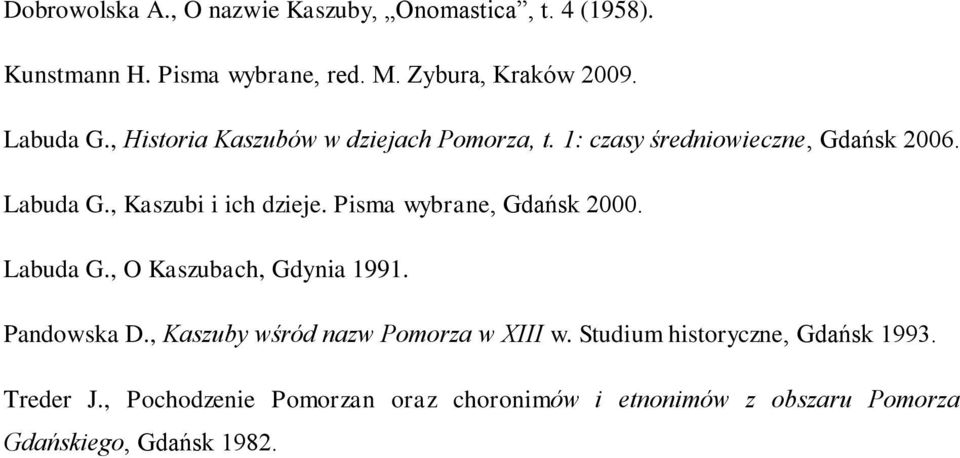 Pisma wybrane, Gdańsk 2000. Labuda G., O Kaszubach, Gdynia 1991. Pandowska D., Kaszuby wśród nazw Pomorza w XIII w.