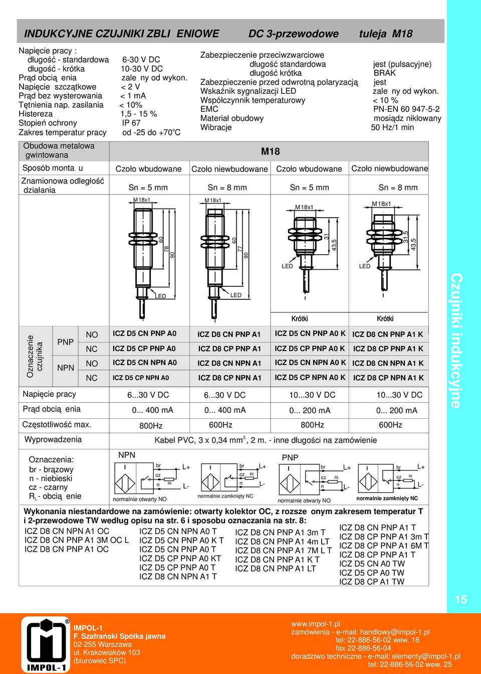 zasilaia < 0% Histereza,5-5 % Stopień ochroy P 67 Zakres temperatur pracy o od -5 do +70 Obudowa metalowa gwitowaa Sposób motażu Zamioowa odległość działaia Zabezpieeie przeciwzwarciowe długość