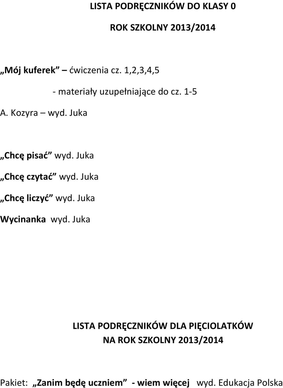 1 5 Chcę pisać Chcę czytać Chcę liczyć Wycinanka LISTA