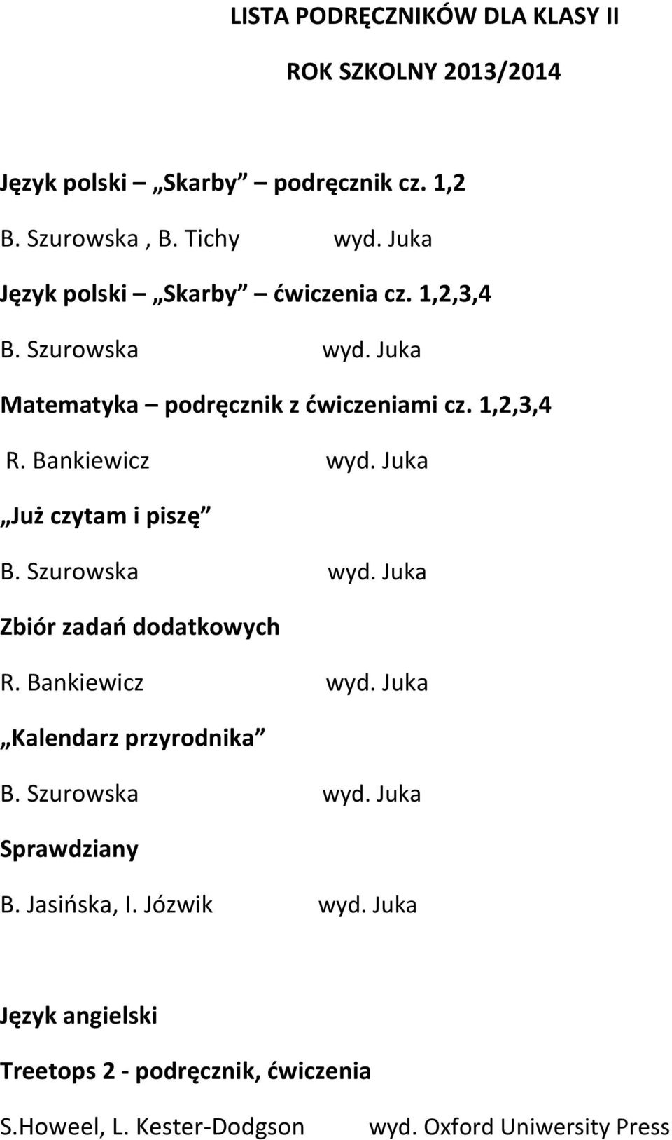 Bankiewicz Już czytam i piszę B. Szurowska Zbiór zadań dodatkowych R. Bankiewicz Kalendarz przyrodnika B.