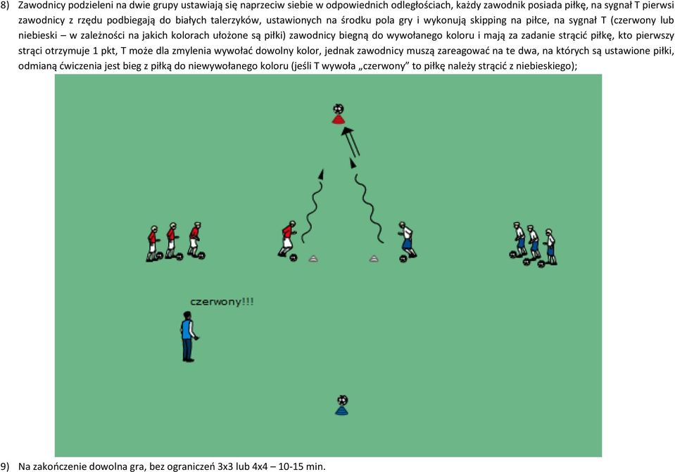 koloru i mają za zadanie strącić piłkę, kto pierwszy strąci otrzymuje 1 pkt, T może dla zmylenia wywołać dowolny kolor, jednak zawodnicy muszą zareagować na te dwa, na których są ustawione