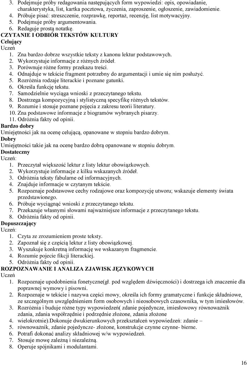 Zna bardzo dobrze wszystkie teksty z kanonu lektur podstawowych. 2. Wykorzystuje informacje z różnych źródeł. 3. Porównuje różne formy przekazu treści. 4.