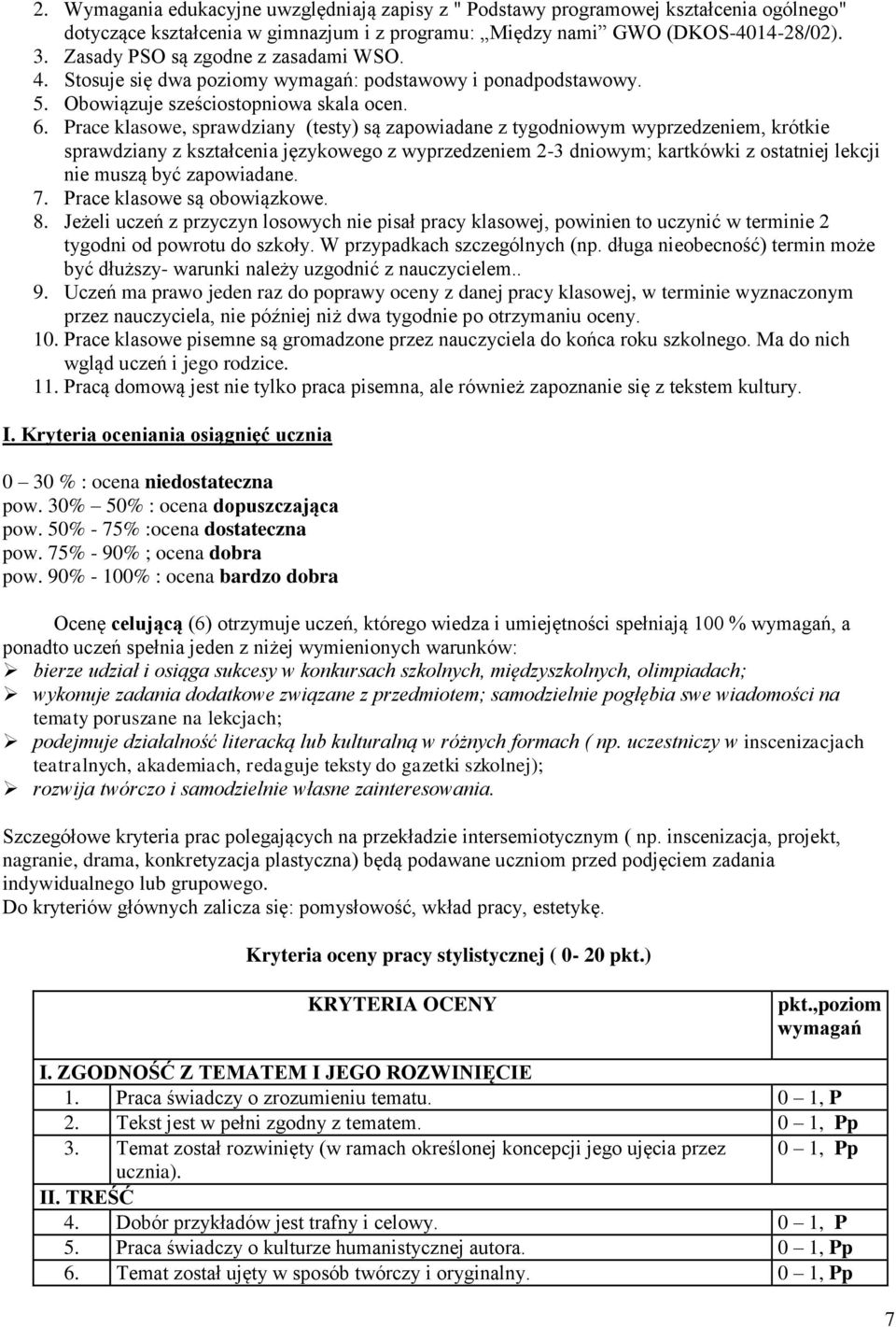 Prace klasowe, sprawdziany (testy) są zapowiadane z tygodniowym wyprzedzeniem, krótkie sprawdziany z kształcenia językowego z wyprzedzeniem 2-3 dniowym; kartkówki z ostatniej lekcji nie muszą być