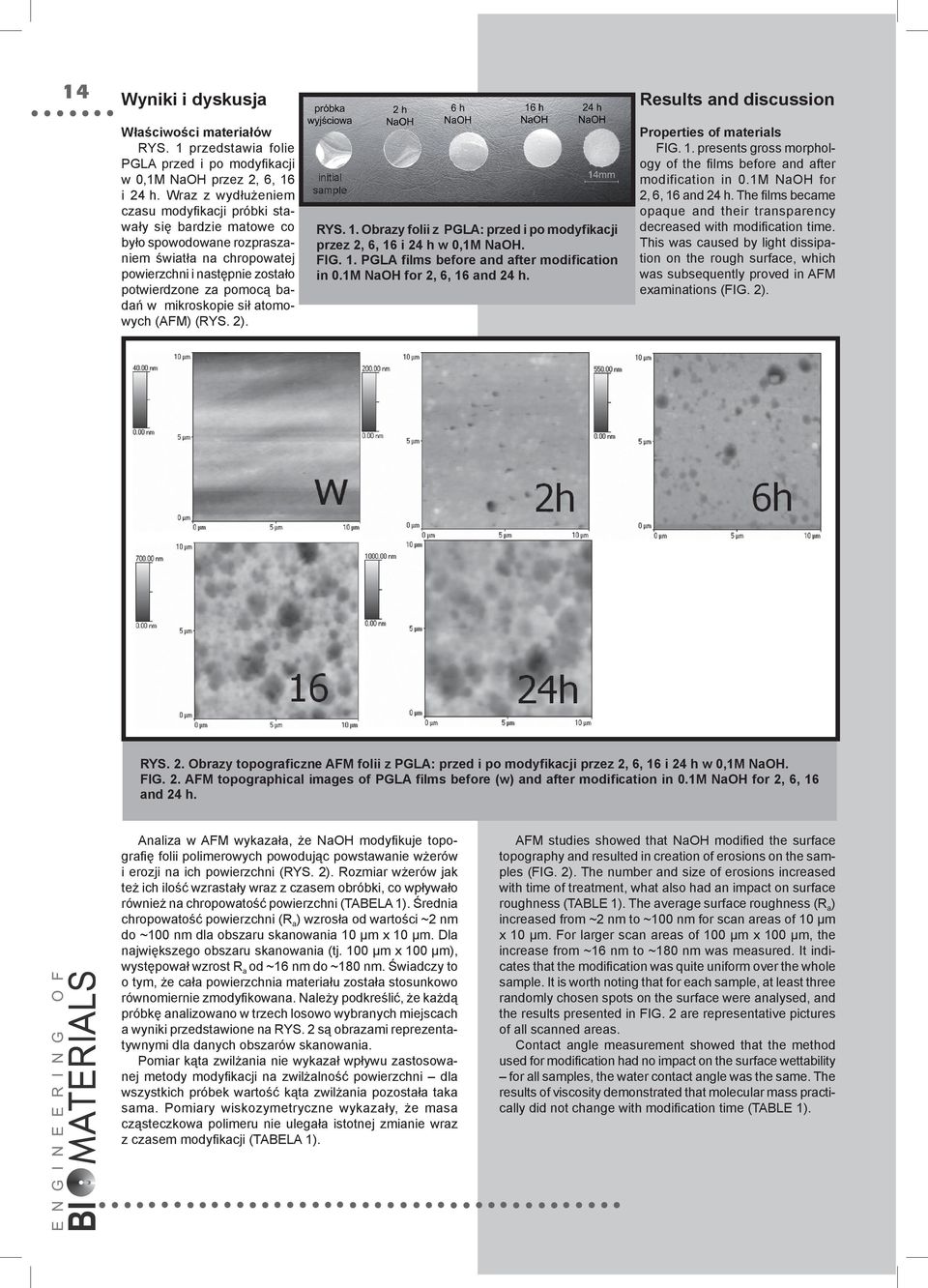 mikroskopie sił atomowych (AFM) (RYS. 2). RYS. 1. Obrazy folii z PGLA: przed i po modyfikacji przez 2, 6, 16 i 24 h w 0,1M NaOH. FIG. 1. PGLA films before and after modification in 0.