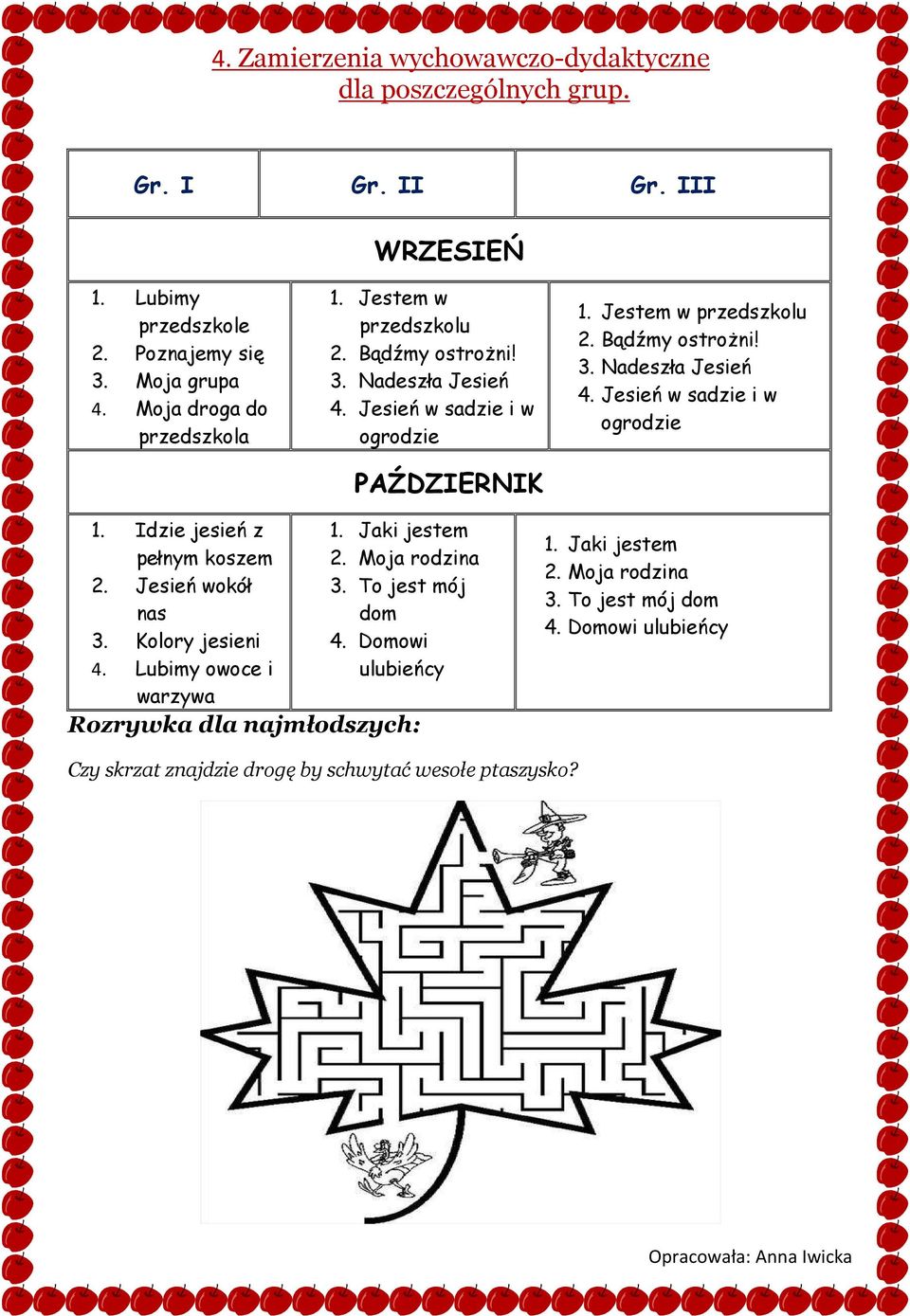 Idzie jesień z pełnym koszem 2. Jesień wokół nas 3. Kolory jesieni 4. Lubimy owoce i warzywa 1. Jaki jestem 2. Moja rodzina 3. To jest mój dom 4.