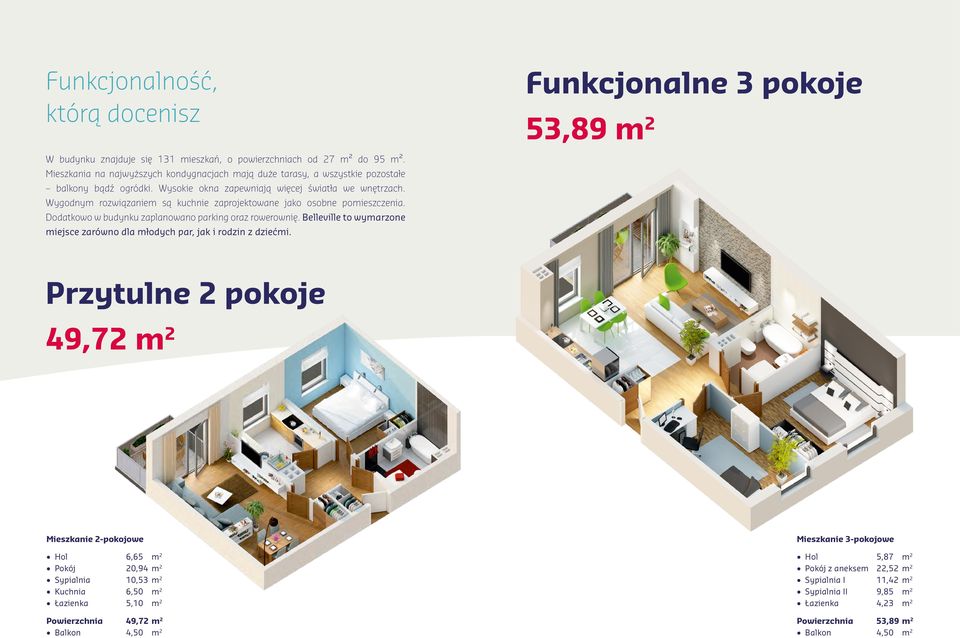 Wygodnym rozwiązaniem są kuchnie zaprojektowane jako osobne pomieszczenia. Dodatkowo w budynku zaplanowano parking oraz rowerownię.