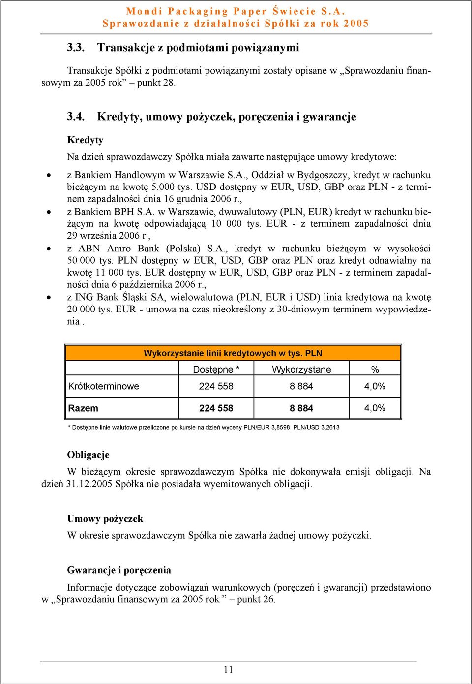 , Oddział w Bydgoszczy, kredyt w rachunku bieżącym na kwotę 5.000 tys. USD dostępny w EUR, USD, GBP oraz PLN - z terminem zapadalności dnia 16 grudnia 2006 r., z Bankiem BPH S.A.